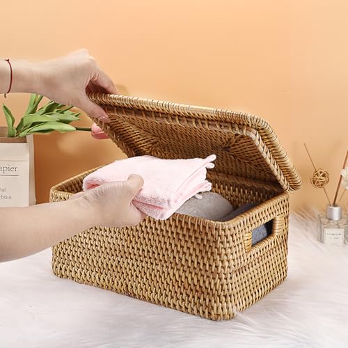 Hipiwe Rattan Basket with Lid Rectangular Lidded Basket Natural Hand-Woven Wicker Storage Basket Bin for Shelf Organizing Picnic Food Bread Table Storage Basket, 12"x7.9"x 5.9" - size: 12"L x 7.9"W x 5.9"H