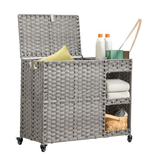 Laundry Hamper with Wheels, 42.3 Gal.(160 L) Laundry Sorter with Shelves, Rattan Clothes Hamper with 4 Removable Liners & 3 Mesh Bags, Handwoven Organizer for bedroom, bathroom, laundry room, Grey - color: Grey