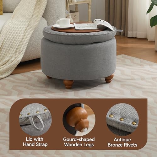 WUTUTUEE 24Inch Round Storage Ottoman with Tray, Modern Tufted Fabric Circle Coffee Table with Storage, Upholstered Ottoman with Removable Top for Living Room, Bedroom, Light Grey - color: Light Grey, size: 24 Inch