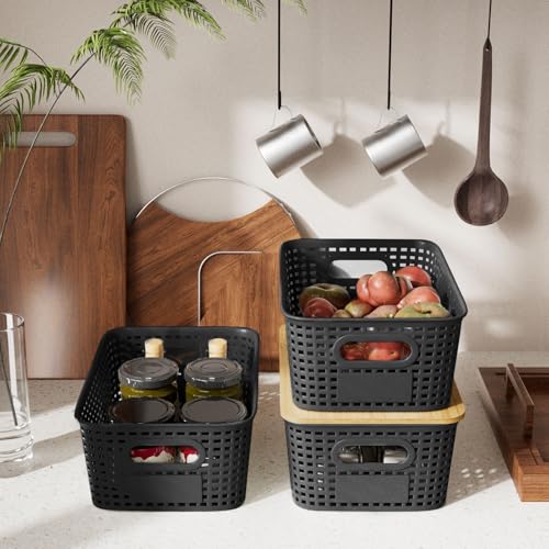 6Pcs Storage Bins with Lids, Stackable Plastic Storage Basket with Bamboo Lid, Pantry Organizer Box Small Containers for Organizing Shelves Drawer Desktop Closet Cabinet Office Classroom 10x7.1x4.1in - color: Black