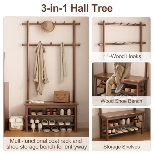 AQIMUELE Coat Rack with Shoe Storage, Wooden Hall Tree with Bench, 11 Hooks and 2-Tier Storage Shelves, 3-in-1, Entryway Bench with Coat Rack (31.5"-Walnut) - color: Walnut, size: 31.5"