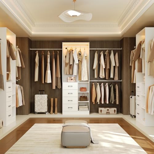 HOOBRO Closet System with 3 Extendable Rods, 9FT Closet Organizer with 4 Drawers, LED Light Strip, Built in Closet Organizer System, Adjustable Cloth Garment Rack from 6 to 9FT for Cloakroom, White
