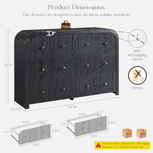T4TREAM Fluted 6 Drawers Dresser for Bedroom, 54" Wide Modern Chest of Drawers with Thickened Curved Profile Design, Wood Dressers TV Stand for Bedroom, Living Room, Hallway, Black Oak - color: Black Oak, size: 15.75"D x 54"W x 36"H(6 Drawers)