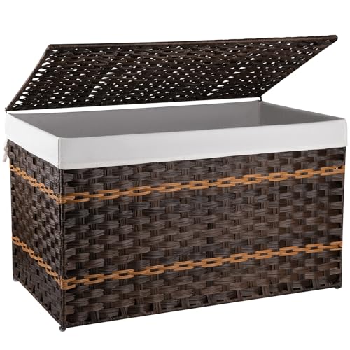 OIAHOMY Storage Basket with Lid, 42.3 Gallon (160L) Blanket Basket with Removable Liner Bag, Synthetic Wicker Hamper with Handle, Hamper for Living Room, Brown - color: Brown, size: 160L