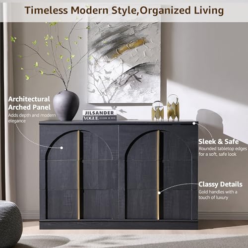 ACCOHOHO Arched Dresser for Bedroom with 6 Drawers, 47.3" Wide Modern Chest of Drawers with Rounded Edge & Metal Handles, Wood Storage Closet Dressers TV Stand for Living Room, Hallway, Black - color: Black, size: 15.6"D x 47.3"W x 32"H (6 Drawers)