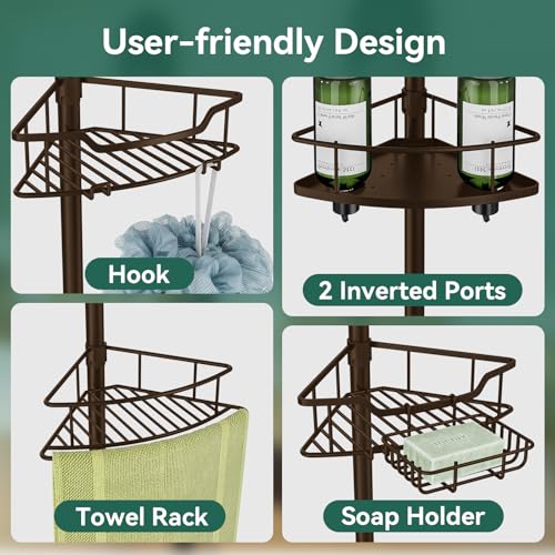 Corner Shower Caddy Tension Pole, 4 Tier Rustproof Shower Tension Rod Organizer, Adjustable 25-125 Inch Bathroom Shower Organizer Shelves for Bathtub Shampoo Storage, Brown - color: Brown