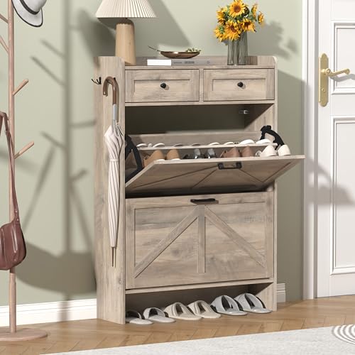 Thacuok Shoe Cabinet with 2 Flip Drawers & 2 Storage Drawers, Rustic Farmhouse Narrow Shoe Organizer Cabinet, Slim Shoe Rack Cabinet, Shoe Storage Cabinet for Entryway, Hallway - color: Grey, size: 2 Drawers