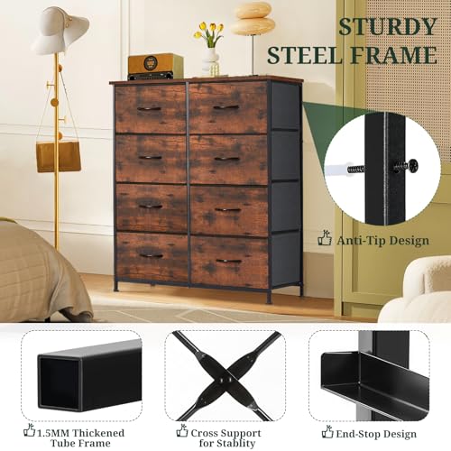8-Drawer Dresser for Bedroom, Anti-Tip Tall Storage Organizer Chest of Drawers with Wooden Top and Metal Frame Fabric Bins for Closet, Living Room, Hallway, Entryway, Brown - color: Brown, size: 11.8"D x 31.4"W x 36.3"H (8 Drawers)