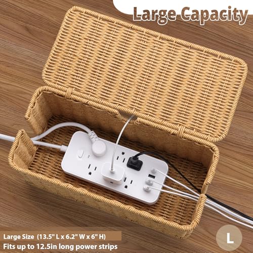 2Pack Large Cable Management Box, Handwoven Imitation Rattan Cord Organizer Wire Hider Box, Desk Cord Management to Hide Cords and Power Strips - color: Brown, size: 2 Pack (M+L)