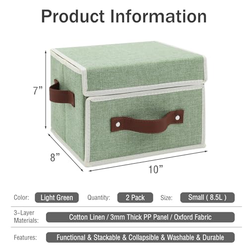 2PCS Storage Bins Box with Lids Front Opening Window Decorative Cotton Linen Fabric Basket PU Leather Handles PP Board Foldable Washable Shelf Closet Organizer Container (Light Green, Small) - color: Light Green, size: Small ( Pack of 2 )