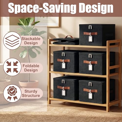 6 Pack Fabric Closet Storage Bins with Zipper Lids and Label, 10×8×7In Large Size Foldable Cotton Linen Storage Cubes Boxes with PU Leather Handles Holders for Bedroom, Shelf, Nursery, Black - color: Black, size: 10×8×7in