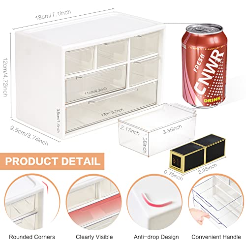 Mini Desk Storage Organizer with 6 Drawers, FODIENS Stackable Desktop Craft Drawer Cabinet, Clear Storage Box Caddy for Makeup Jewelry Office Craft Supplies (White) - color: White