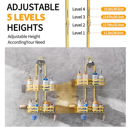 GAOKASE Aluminum Shower Caddy Hanging, Never Rust Shower Organizer- 4 Levels with adjustable Height 10 Hooks for Razor/Sponge - Rack with Soap Basket (Gold) - color: Gold