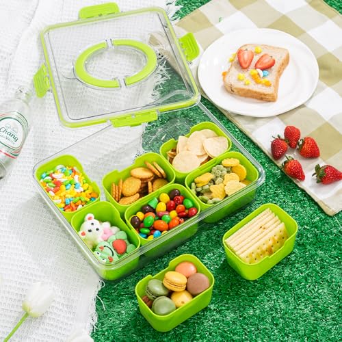 WACOI Divided Snack Serving Tray with Lid and Handle Travel Snackle Charcuterie Container Portable Storage Organizer for Candy, Fruits, Nuts, Snacks, Party, Picnic (1pack, Green) - color: Green