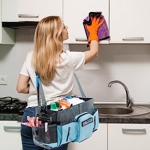 Large Cleaning Supplies Organizer-Cleaning Caddy Organizer With Handles & Shoulder Strap-Cleaning Bags for Cleaning Suppliers-Housekeepers Wearable Cleaning Tote Upgraded - color: Grey-Blue