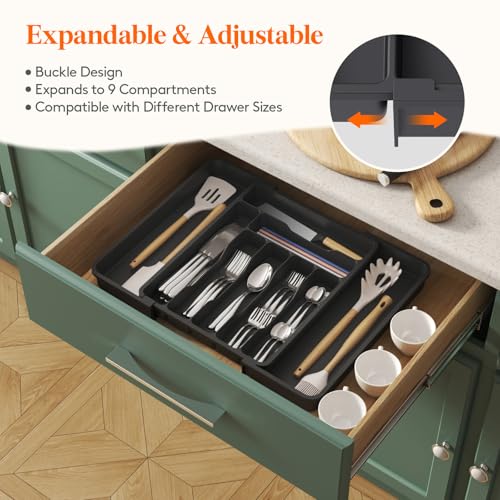 Lifewit Utensil Organizer for Kitchen Drawer, Expandable Cooking Silverware Tray, Adjustable Cutlery Flatware Holder, Plastic Spatula Tools Storage Divider, 11.8-19.6 x 15", Black - color: Black, size: L (11.8-19.6"W × 15"D )