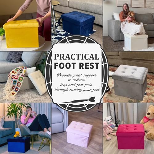 LINMAGCO Small Velvet Ottoman with Storage Rectangle Foot Rest Under Desk Stool for Room Folding Ottoman Furniture with Button turfted-Navy 16X12X12IN - color: Navy(velvet), size: 16"X12"X12"