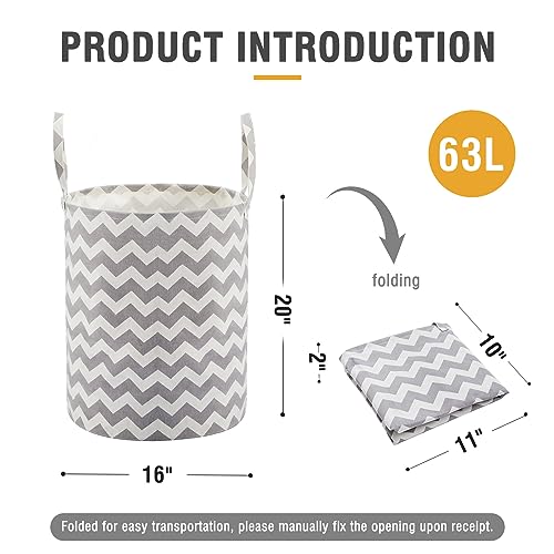 Baby Laundry Basket with Long Handles, 63L Collapsible Kids Laundry Hamper, Toy Storage Basket for Nursery, Bedroom Decor for Girls and Boys (Grey Chevron) - color: Grey Chevron, size: 1 Pack