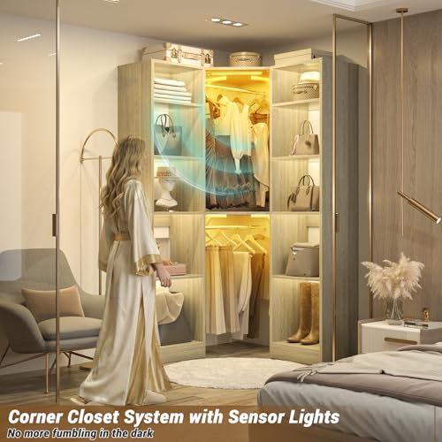 Besiost Corner Closet System with 2 Motion Sensor Lights, 39.2" Corner Closet Organizer with 12 Shelves, Closet System with 2 Hanging Rods, Versatile 6-Tier Walk-in Closet for Corner Space, White Oak - color: White Oak, size: 39.2" - With 2 Sensor Lights