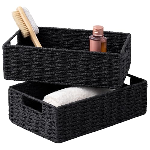 UBBCARE 2 Pack Wicker Basket, 11.5L×7.5H×3.5W inch Woven Paper Rope Storage Baskets for shelves, Foldable Rectangular Storage Baskets with Handle, Storage Basket for Organizing, Black - color: Black, size: 2pack Small