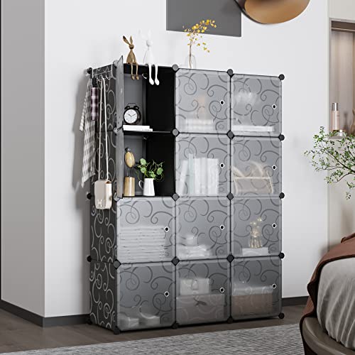 C&AHOME Cube Storage Organizer with Doors, 12-Cube Shelves, Closet Cabinet, DIY Plastic Modular Bookshelf Ideal for Bedroom, Living Room, 36.6”L x 12.4”W x 48.4”H Black USHS3012B-DOOR - color: Black