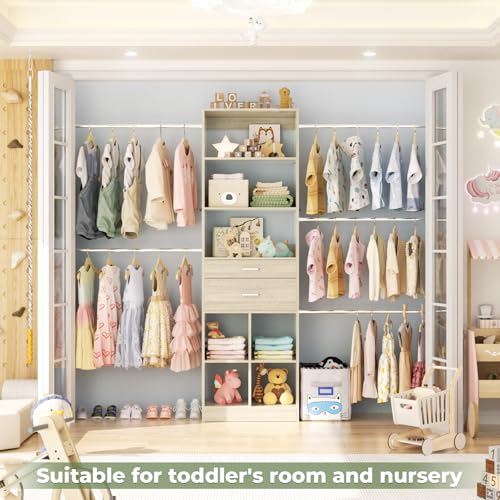 Besiost Closet System, 4-8 FT Closet Organizer Tower with 2 Wooden Drawers and Shelves, Can Fit 60 to 96 inch Walk-in Closet System with 5 Hang Rods, Built-in, Greige Oak - color: Greige Oak