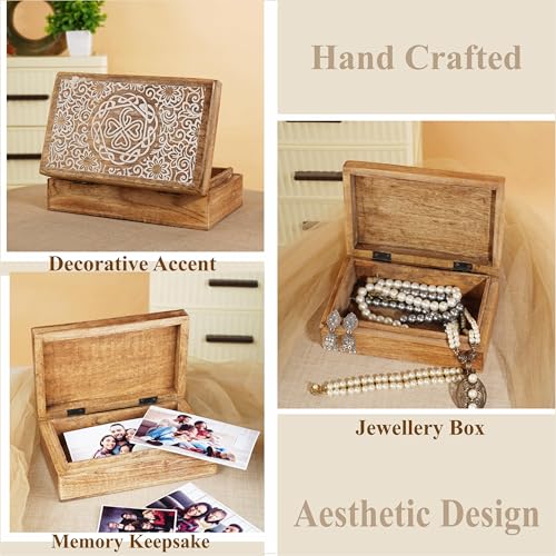 Ajuny Mango Wood Jewelry Box – Hand-Carved Celtic Knot Keepsake/Memory Box, Decorative Trinket & Treasure Chest Organizer, Handmade Gift for Women & Men, Travel Friendly, 8x5 Inch - style: Center Flower Des
