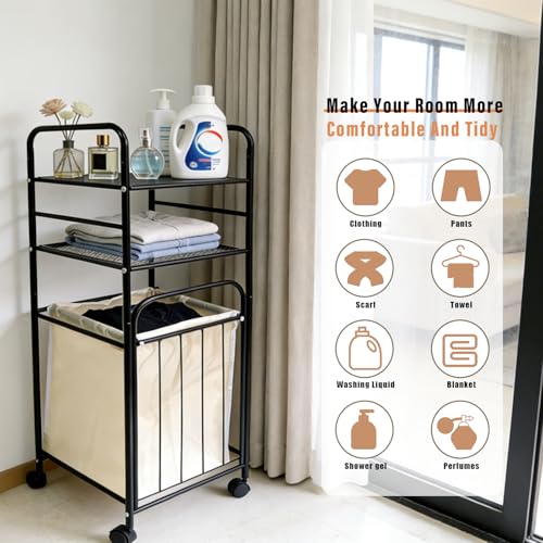 Rolling Storage Cart with Laundry Hamper, 3-Tier Rolling Utility Cart, Removable Laundry Basket - Metal Storage Organizer with Lockable Wheels for Bathroom - 80L, 14.4" x 13.8" x 39.7"