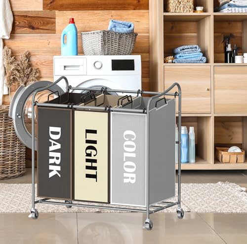 Simple Houseware Heavy Duty 3-Bag Laundry Sorter Rolling Cart, Silver/Assorted – Durable Triple Laundry Hamper with Removable Bags and Lockable Wheels for Laundry Room Organization - color: Silver/Assorted