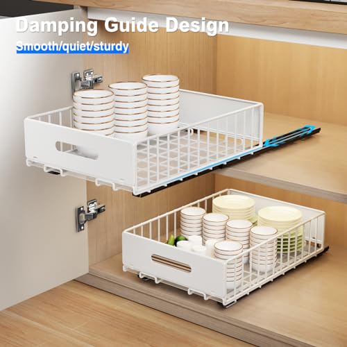 MUSTORN 2 Pack Pull Out Cabinet Organizer, Slide Out Cabinet Drawers Peel and Stick Pull Out Drawers Heavy Duty Pull Out Shelf for Kitchen, Cupboard, Pantry, Bathroom (16.5" D*11.8" W*3.94" H-White) - color: White, size: 16.5"D*11.8"W*3.94"H