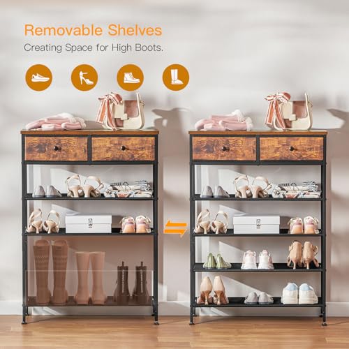 usikey Shoe Rack, 5 Tier Shoe Storage Organizer with 2 Drawers, Metal Shoe Shelf for 12-16 Pairs of Shoes, with 4 Oxford Fabric Shelves and Wooden Top, Shoe Stand for Closet Entryway, Rustic Brown - color: 5 Tier ( 28.3 X 11 X 36.2 Inches)-rustic Brown