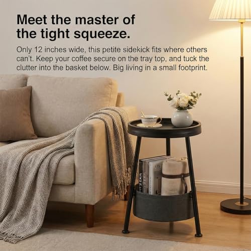LEMONDA Small Round Side Table with Storage Basket, 11.8" Compact End Table with Tray Top & Fabric Bin, Black Wood Bedside Nightstand for Living Room, Bedroom, Small Spaces - color: Black