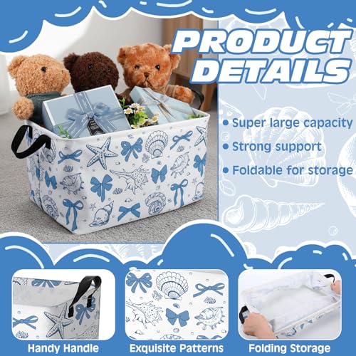 4 Pcs Coastal Beach Storage Basket Fabric Laundry Baskets with Handle Summer Ocean Blue Bow Foldable Organizer Boxes for Office Home Bedroom Baby Cloth Toy Book 15 x 10 x 8 - style: Summer Shell
