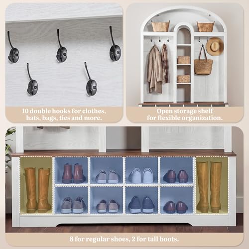 DWVO 59" W Hall Tree with Shoe Storage, Arched Entryway Bench with Coat Rack, 10 Shoe Cubbies Shelves & 10 Coat Hooks, Shoe Storage Bench for Entryway Hallway,White