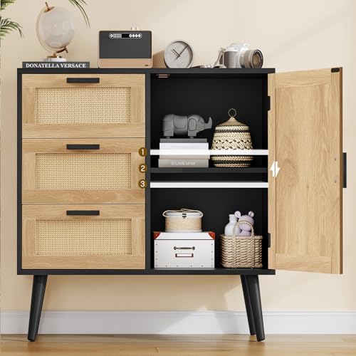 Iwell Storage Cabinet with Rattan Door & 3 Drawers, Rattan Cabinet with Adjustable Shelf, Sideboard Buffet Cabinets with Storage, Entryway Cabinets, for Living Room, Dining Room, Entryway, Black - color: Natural + Black, 3 Drawers
