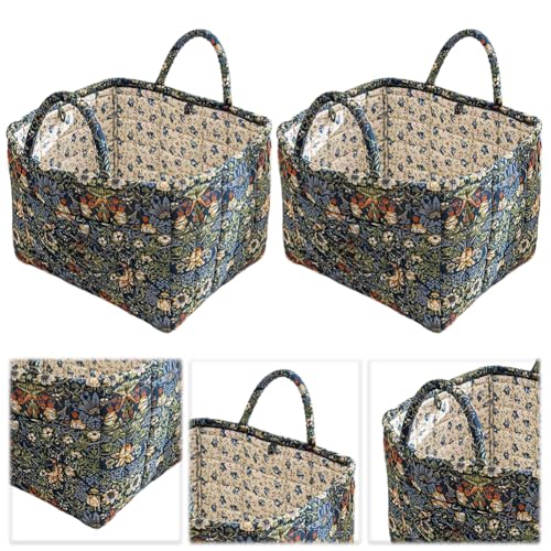 Boho Fabric Storage Basket, Boho Floral Laundry Baskets, Folding Bohemian Style Puffer Quilted Tote, Spring Vintage Storage Bag Organizer Large Capacity with Handle & Front Pocket (Blue) - color: Blue