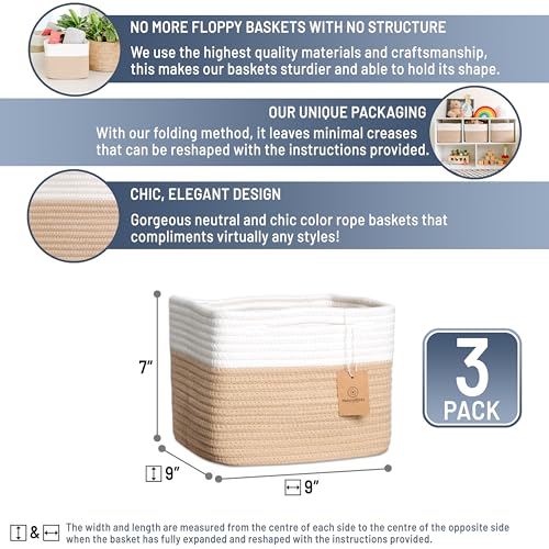 NaturalCozy Storage Cubes 9”x9”x7”Cotton Rope Woven Baskets for Organizing 3-Pack | 9 Inch Cube Storage Bin | Small Basket for Shelf Nursery, Pantry, Decorative Plant, Bathroom Closet, Toy Gift - color: Off White & Tan Brown