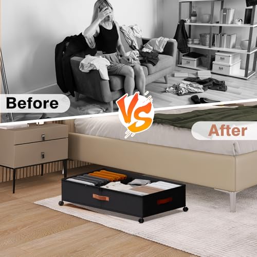 Under Bed Storage 2 Pack 66L, Rolling Containers with Wheels, Heavy Duty Metal Frame, 600D Oxford Fabric, Clear Lid, Adjustable Dividers for Clothes Shoes Blankets, Dorm Space Saving, Black