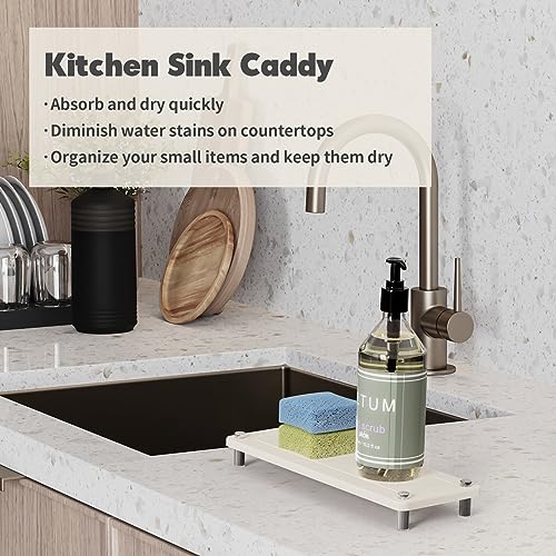 Kitchen Sink Caddy Water Absorbing Stone Tray For Sink, Diatomite Bathroom Countertop Tray Organizer, Faucet Stone Drying Mat Coaster Soap Dish Sponge Dispenser Holder (White) - color: White