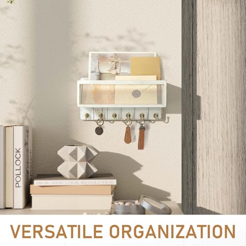Rebee Vision Pine Wooden Key Holder Wall Mount with Mail Organizer Basket – Rustic Farmhouse Wall Decor for Living Room – Vintage Key Rack & Storage Organizer for Home Essentials (Whitewash) - color: Whitewash