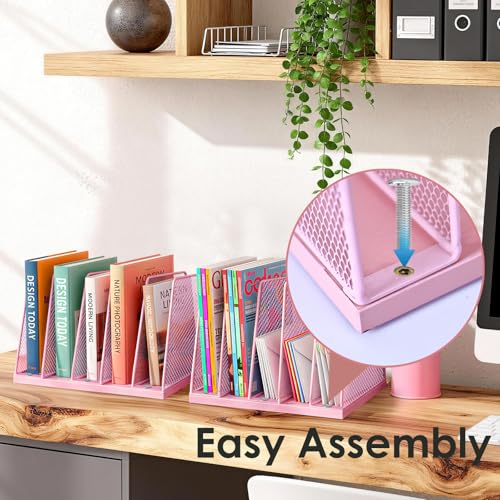 AUPSEN 5-Section File Organizer for Desk, Wood Mesh Desktop File Organizer, File Sorter Storage Rack, Vertical Folder Holder for Files, Magazines, Books (Pink) - color: Pink