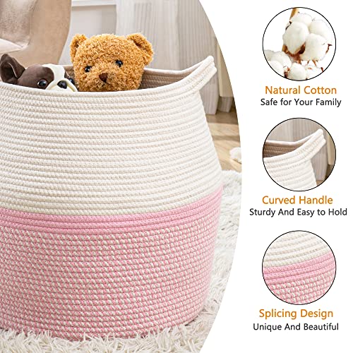 KAKAMAY Woven Baskets for Storage(17"x17"),Large Cotton Rope Woven Baby Laundry Hamper,Collapsible Laundry Basket, Blanket Basket for Organizing Living Room,Nursery,Pillows,Toy Chest(Pink) - color: Pink