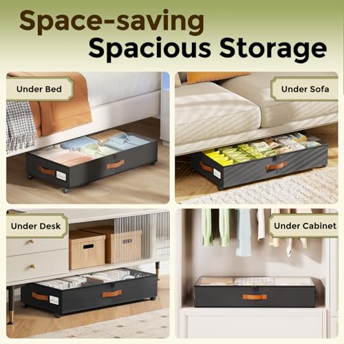 LAMU Under Bed Storage with Wheels, 2 Pack Under Bed Storage Containers with Clear Lids & Label, Rolling Under Bed Drawers for Clothes, Shoes, Blankets, Black - color: Black