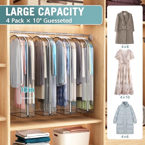 Liuoud Clear Garment Bag for Hanging Clothes 10” Gusseted, 50” Suit Bags for Open Closet Storage Plastic Clothes Cover for Coat, Dress, Shirts, Fur, Jacket, Wardrobe Protectors, 4 Pack - color: Clear, size: 50 inch