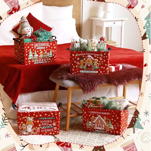 4 Pack Christmas Storage Bin Collapsible Large Christmas Gingerbread Man Storage Baskets for Gifts Canvas Laundry Basket Foldable Box with Handle for Office Home Bedroom Clothes Toys Decor - style: Gingerbread Man