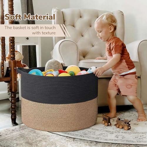 INDRESSME 115L Extra Large Storage Baskets for Organizing, Blanket Basket Living Room Dog Toy Bin, Wicker Storage Woven Laundry Basket for Pillows, Towel Shoes Entryway, Mix Black - color: Black & Mix Camel, size: 23.6"D x 15.7"H