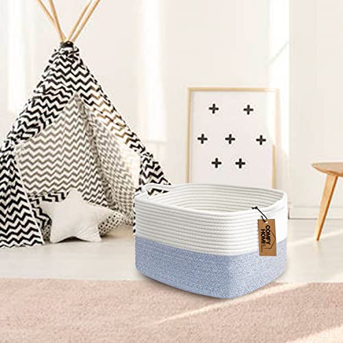 COMFY-HOMI Cotton Rope Woven Basket with Handles for shelf，Toy, Book, Cloth Storage Basket for Organizing-13.5"X11"X9.5" Storage Bin for Living Room, Newborn or Infant Gift for boy girl （White/blue） - color: white/blue, size: 13.5"X11"X9.5"