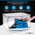 Ultra All Clear Shoe Boxes Plastic Stackable Professional Grade Shoe Display Case with Magnetic Side Drop Door Open Easy Assembly Modern Shoe Sneaker Display Case Fits US Size 14