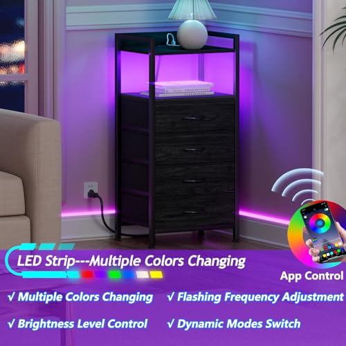 Furnulem Night Stand with Charging Station, Black Nightstand with Drawers and Led Light, Tall Dresser for Bedroom, Bedside Table with Fabric Storage Bins, Metal Frame, Wood Furniture - color: Black Oak, style: 4 Drawer