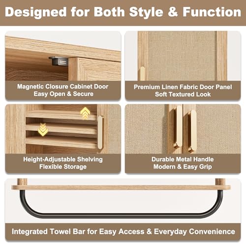 INNOD Rattan Bathroom Wall Cabinet with Towel Bar, Wall-Mounted Medicine Cabinet with Adjustable Wood Shelf & Doors, Over the Toilet Storage Cabinet for Laundry Room & Kitchen & Living Room - color: Rubberwood